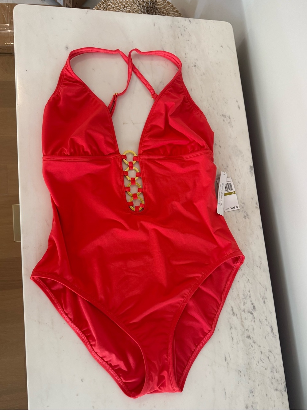 Bleu Rod Beattie Red One-Piece Swimsuit with Gold Accent Detail